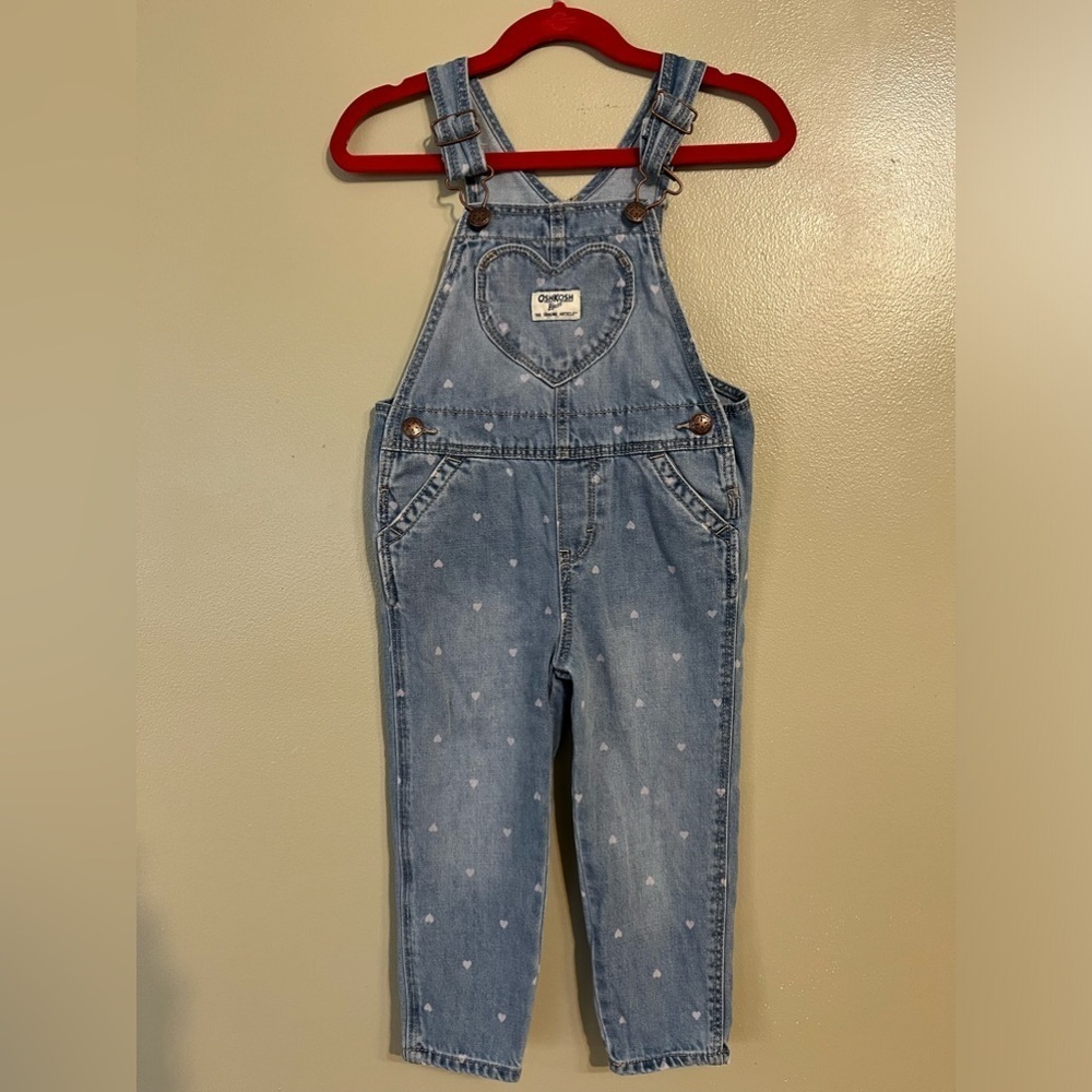Oshkosh Be gosh Vestback  Girls Heart Print Blue Denim Overalls Size 3
